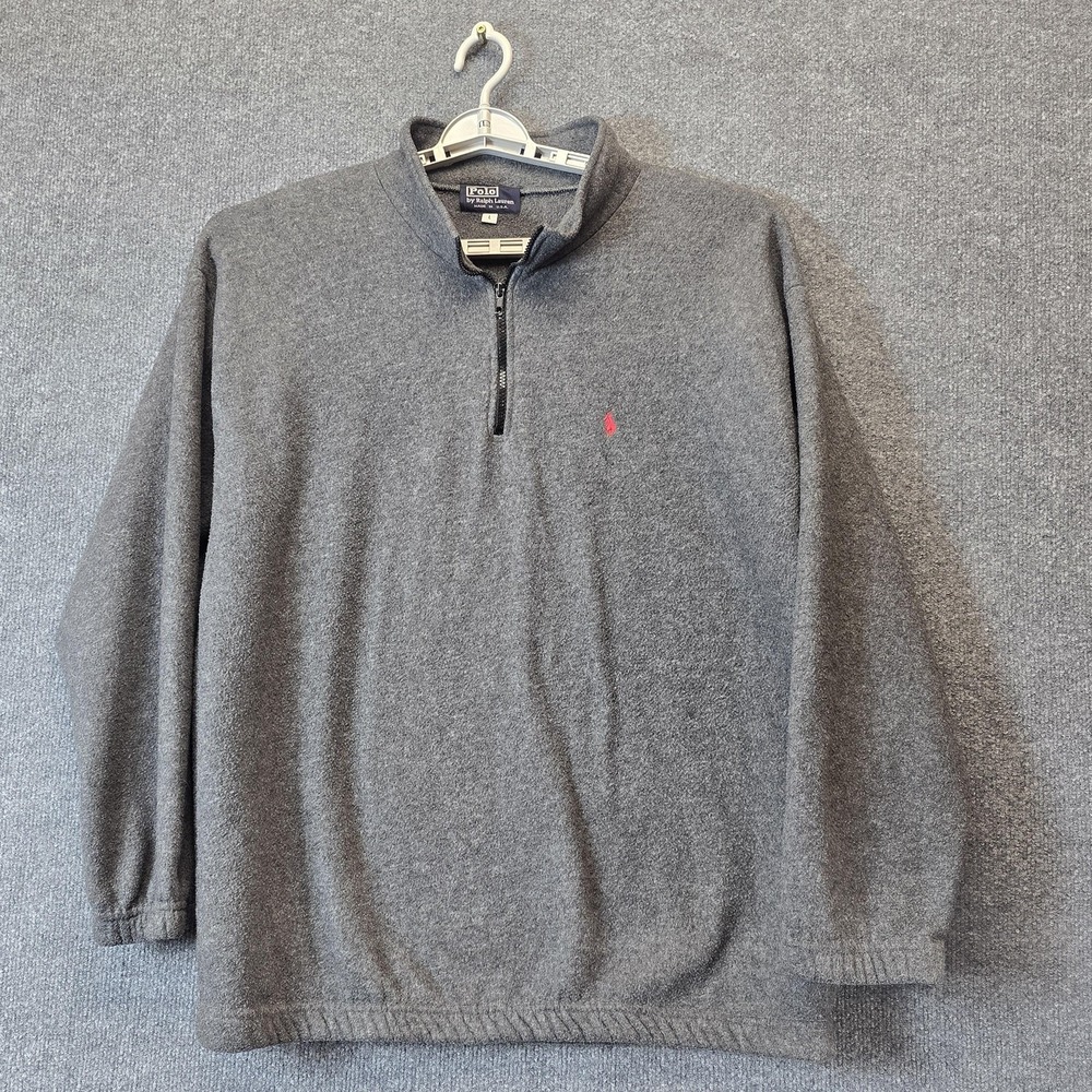 Vintage Polo By Ralph Lauren Sweater Mens Large Gray Fleece 1/4 Zip USA 90s